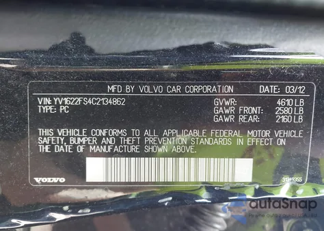 2012 Volvo S60 T5 z USA, uszkodzony, nr VIN YV1622FS4C2134862